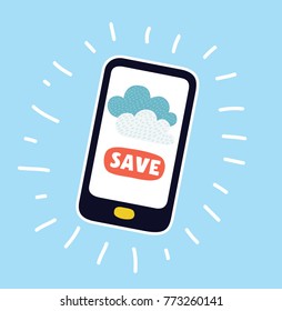 Vector cartoon illustration of funny cartoon smartphone with cloud applications, on-line services save data