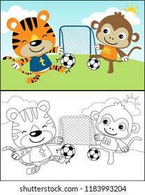 Vector cartoon illustration with funny tiger and monkey playing soccer, coloring book or page. Eps 10