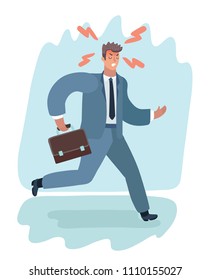 Vector cartoon illustration of cartoon of furious man in suit with suitcase run. Angry male character.