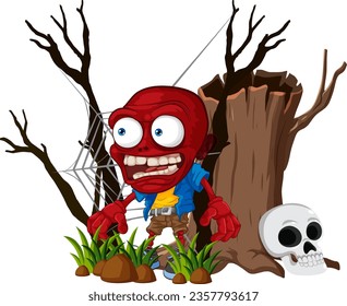 A vector cartoon illustration of a furious zombie surrounded by a skull and spider web in a forest