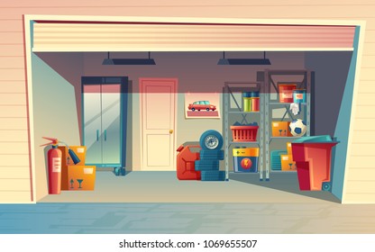 Vector cartoon illustration of garage interior, storage room with auto equipment, tires, jerrican, metal racks, tools, boxes, stuff. Private building for car with furniture and inventory inside