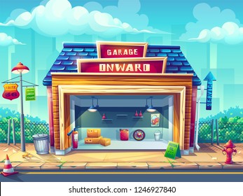 Vector cartoon illustration garage Pin-up style. For web, video games, user interface, design