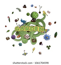 Vector cartoon illustration garden doodles, set of elements