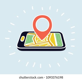 Vector cartoon illustration of Geo Pin Tag on mobile phone display. Smartphone with map and mark of destination on screen. Pointer marker concept.