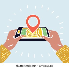 Vector cartoon illustration of Geo Pin Tag on mobile phone display. Smartphone with map on screen. Human hand hold phone. Destination point on screen.