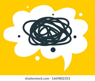 Vector cartoon illustration with geometric round cloud shape bubble speech with confused thoughts on yellow background. Flat style creative design of template for web, site, banner, sticker, poster