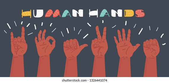 Vector cartoon illustration of Gesture set. Human hands showing different signs. Dark background. Making signals by hands. Ok, peace, victory, thumb up, like, rock, fist, five.