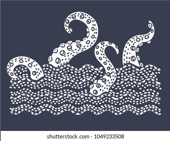 Vector cartoon illustration of Giant silhouette octopus sea monster with tentacles mascot label, ocean life concept. Black and white graphic concept.