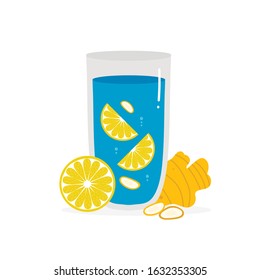 Vector cartoon illustration of ginger lemon water for digestive health and detox.