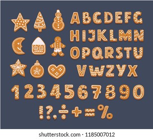 Vector cartoon illustration of Gingerbread Alphabet numbers, signs, and cookies figures of Christmas theme. Object on dark background.