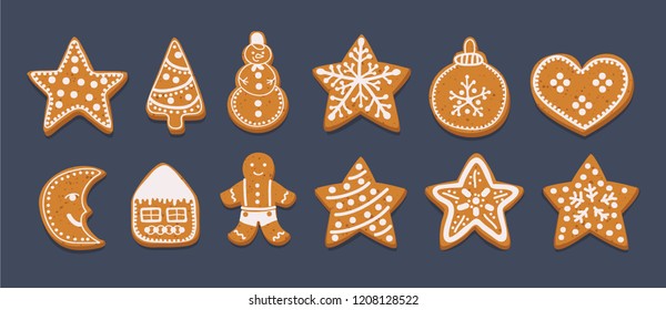 Vector cartoon illustration Gingerbread Cookies set isolated on dark background. Decorative Xmas tree, sock, snowman, ball, man, star, candy, house