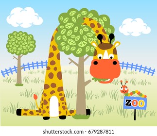 vector cartoon illustration, giraffe and caterpillar in the zoo