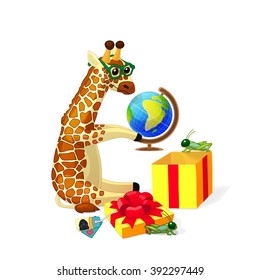 vector Cartoon illustration giraffe glasses considering gorilla gift globe. ABC letter G. Clip art isolated on white background. EPS 10 without mesh
