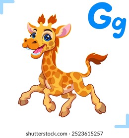 Vector cartoon illustration of a giraffe with letter "G" - design for English alphabet for children. Collection of cute animals and letters.