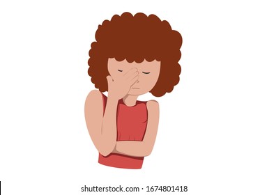 Vector Cartoon Illustration Of Girl Ashamed. Isolated On White Background.