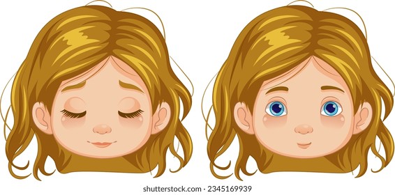 A vector cartoon illustration of a girl with both her eyes open and closed