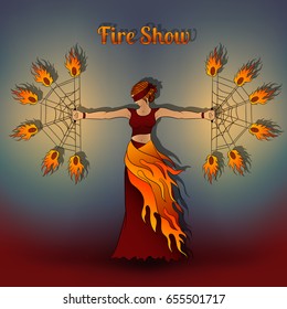 Vector cartoon illustration of the girl with burning fans on the mesh background.