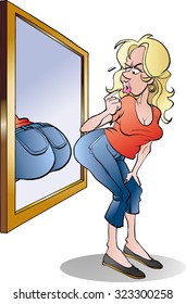 Vector cartoon illustration of a girl checking her behind in the mirror