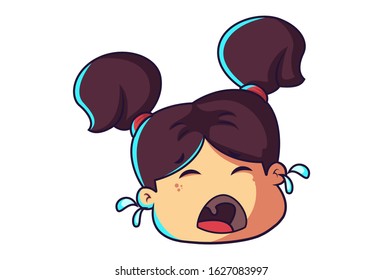Vector cartoon illustration of girl crying face. Isolated on white background. 