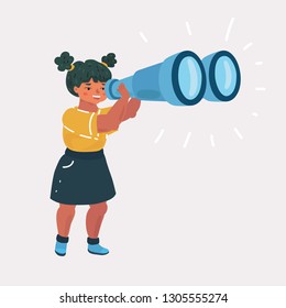 Vector cartoon illustration of Girl Explorer with Binoculars on whit background. Exploring and education concept.