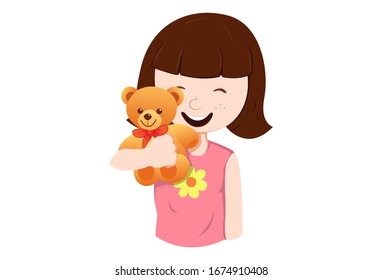 Vector cartoon illustration of girl holding teddy bear in hand. Isolated on white background. 