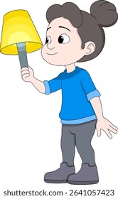 Vector cartoon illustration of a girl holding a glowing yellow lamp, representing a bright idea or creative moment.