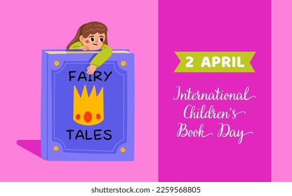 Vector cartoon illustration of Girl hung on of books. International Children's Book Day. April 2. Holiday concept. 