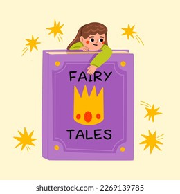 Vector cartoon illustration of Girl hung on of books. International Children's Book Day. April 2. Holiday concept. 