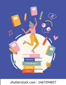 Vector cartoon illustration of Girl jumping on pile of books. Concept illustration of learning, distance studying and self education. Young woman student character