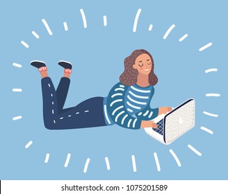 Vector cartoon illustration of Cartoon girl with laptop lying on stomach. Chat, dating, education and search for information on the network. Concept design freelance worker. Female character 