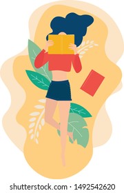Vector cartoon illustration of Girl lies with open book in her hands. Concept illustration of earning, distance studying and self education. Young woman student reading book in an open field
