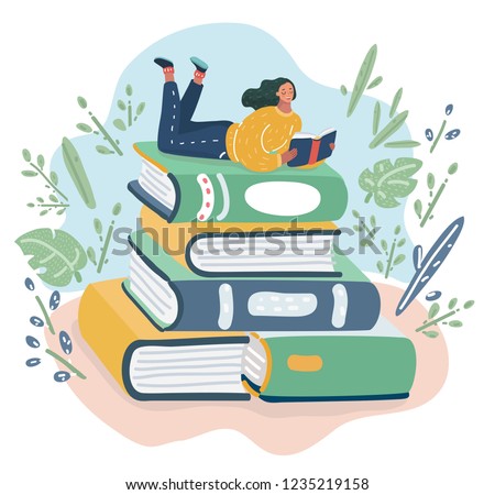 Vector cartoon illustration of Girl lies on pile of books with open book in her hands. Concept illustration of earning, distance studying and self education. Young woman student character