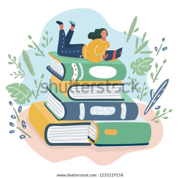 Vector cartoon illustration of Girl lies on pile of books with open book in her hands. Concept illustration of earning, distance studying and self education. Young woman student character