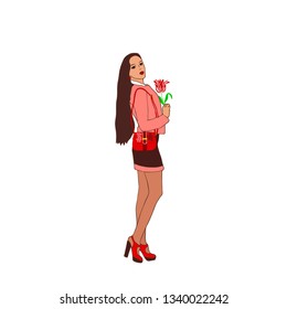 Vector cartoon illustration. Girl with long hair in a pink jacket.