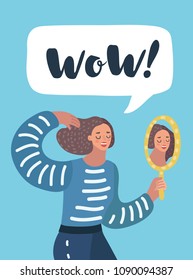 Vector cartoon illustration of girl looking in hand-mirror. Woman admires herself in the mirror. Speech bubble above.
