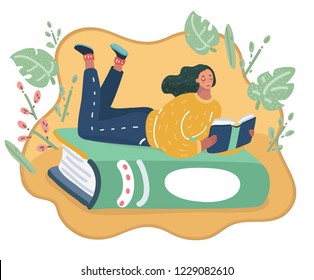 Vector cartoon illustration of a girl lying at green book and reading.