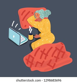 Vector cartoon illustration of Girl at night lay on a bed with a computer. Night background.