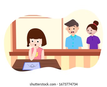 Vector cartoon illustration of girl with parents. Isolated on white background.