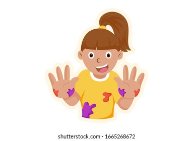 Vector cartoon illustration of girl playing holi. Isolated on  white background.