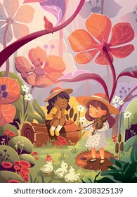 vector cartoon illustration of a girl playing the violin and enjoying the beauty of spring under the flowers