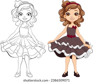 A vector cartoon illustration of a girl in a princess dress, perfect for coloring pages