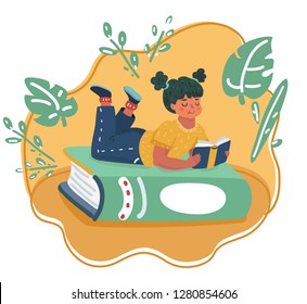 Vector cartoon illustration of Girl reading book, lies on the giant one. Human kid character.