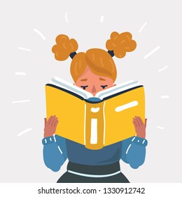 Vector cartoon illustration of Girl reading book. Human character on white background.