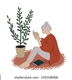 Vector cartoon illustration of Girl reading a book. Concept illustration of  studying and self education. Young woman student character.