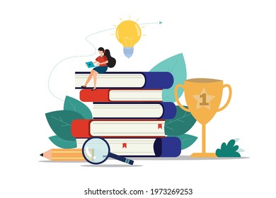Vector cartoon illustration of a girl reading books online on a pile of books Illustration ideas about self education lead to success Young female student character