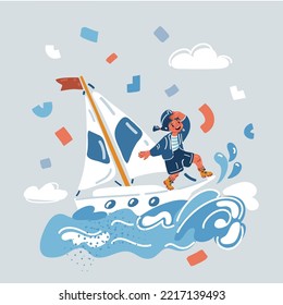 Vector cartoon illustration of Girl sail on boat