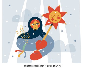 Vector cartoon illustration. Girl with a scarecrow on the holiday Maslenitsa.