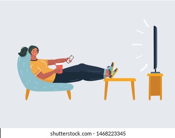 Vector cartoon illustration of girl sit on the couch and watching tv. Human character lay on sofa and watch tv.