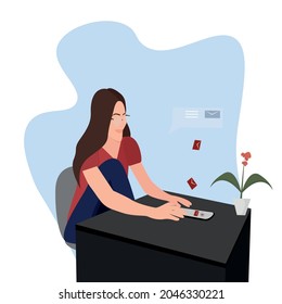 vector cartoon illustration of a girl sitting at a table and looking at the number of SMS messages in her phone. Flat style on a white background