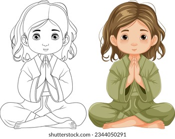 A vector cartoon illustration of a girl sitting and praying in meditation